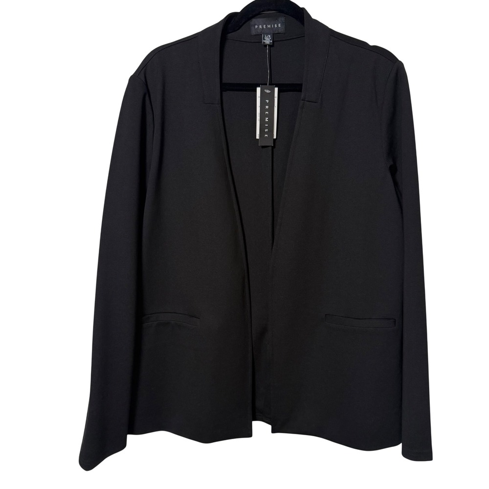 Premise Womens Large Black Open Front Blazer Jacket Stretch Rayon Blend NWT